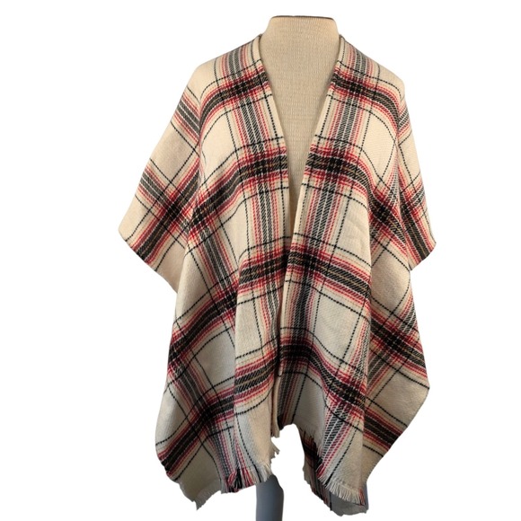 LOFT Sweaters - LOFT Women's Plaid Wrap M/L Red Black White Poncho Sweater Cardigan Fringe NWT